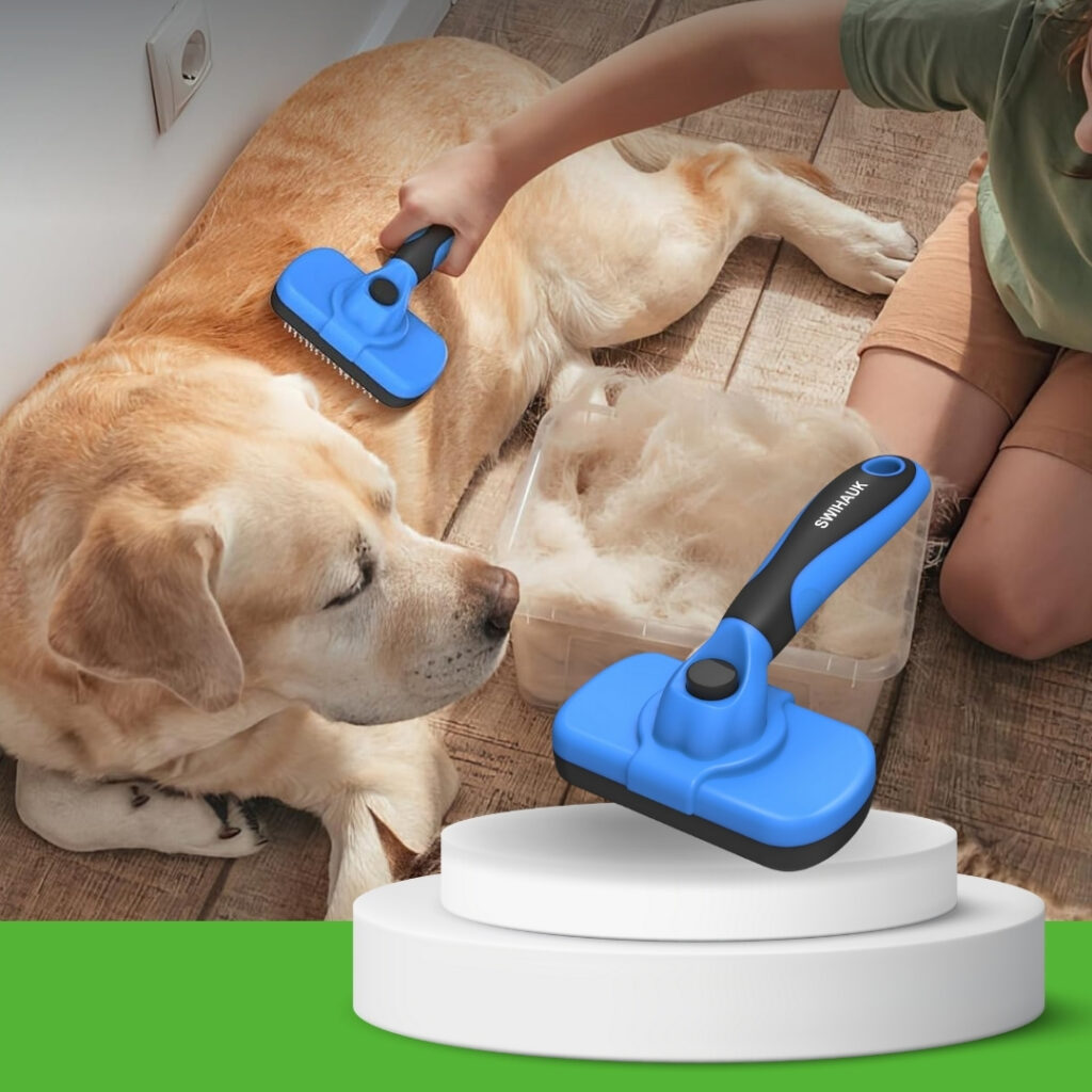 Swihauk Self Cleaning Slicker Brush for Dogs, Gentle grooming tool for sensitive skin with blue handle and soft bristles, ideal for shedding pets. Happy Barker