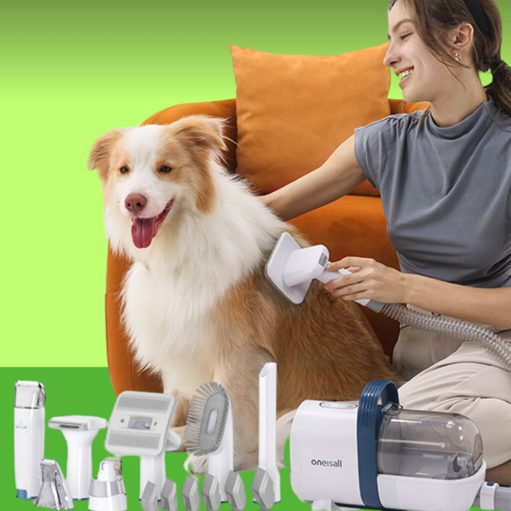 A woman gently grooming her dog using the oneisall vacuum and GLADOG rounded-tip scissors, with the dog sitting calmly and relaxed. Happy Barker