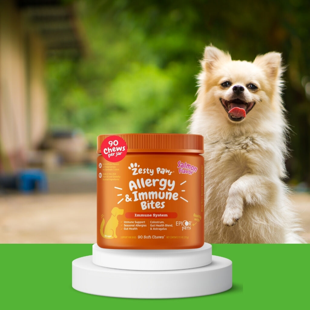 A happy dog next to the Zesty Paws Allergy Immune Supplement, representing relief from itching and allergies | HappyBarker