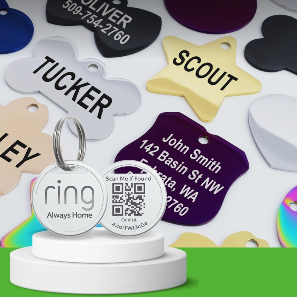 A close-up of custom engraved dog tags | HappyBarker