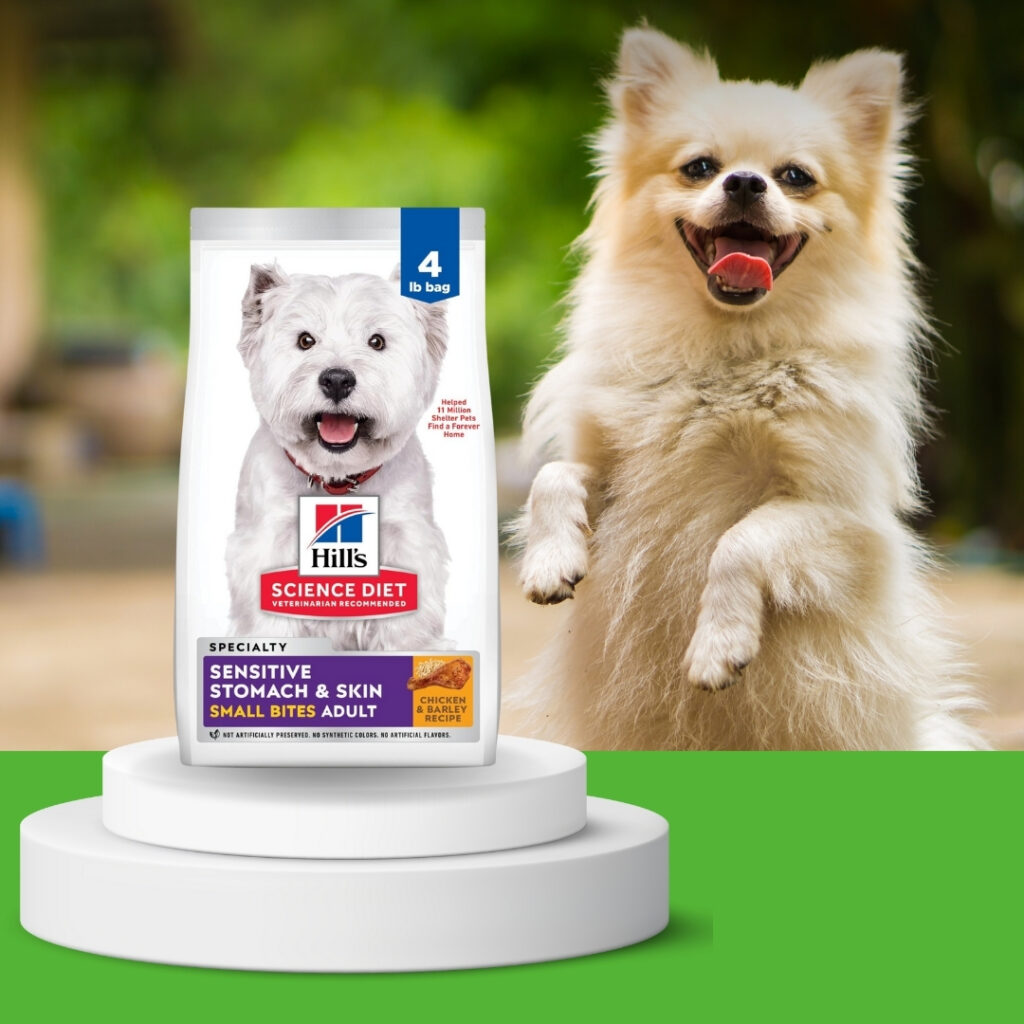 Hill’s Science Diet Sensitive Skin & Stomach dry dog food beside a happy dog with a shiny coat | HappyBarker