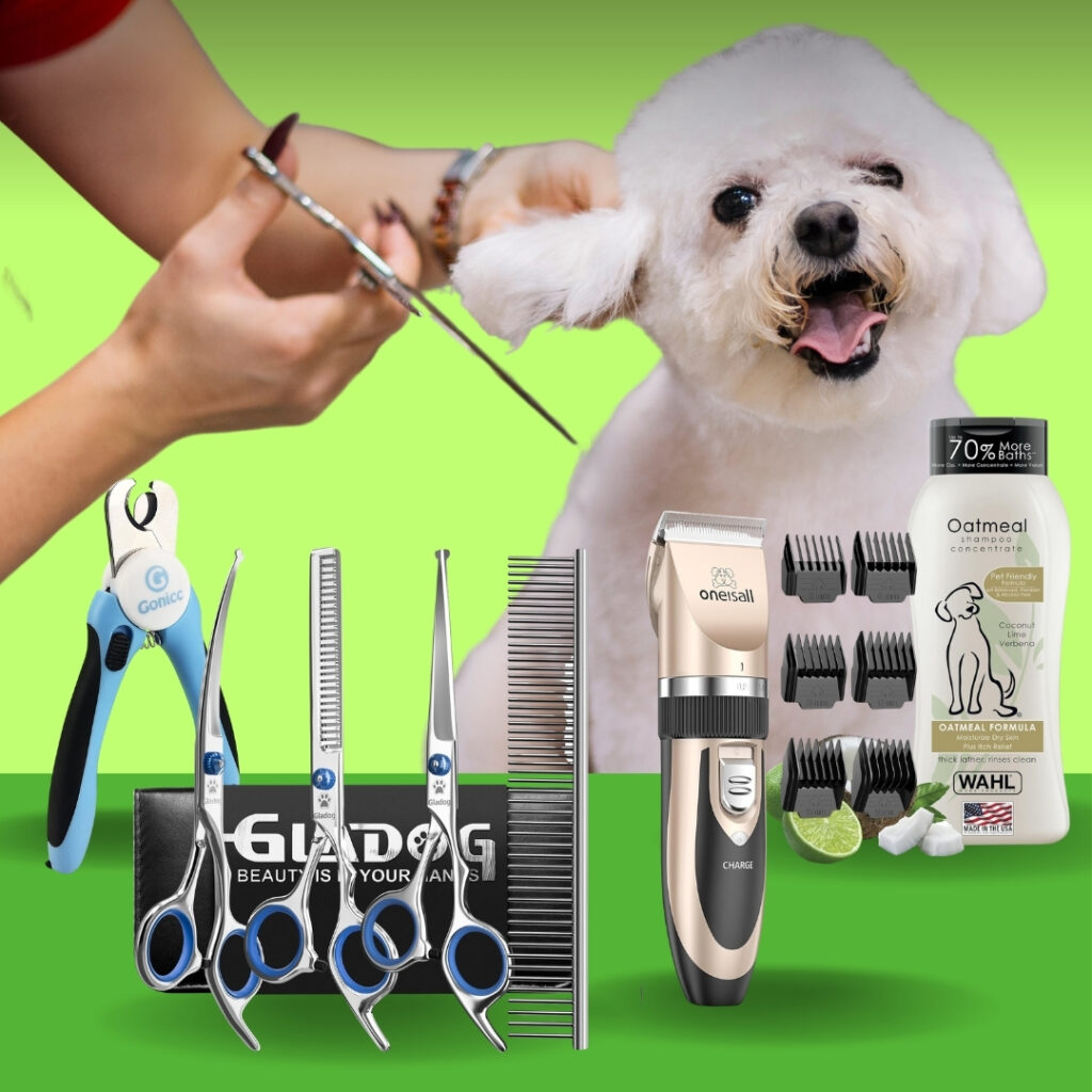 A cheerful dog being groomed with clippers and shampoo surrounded by top-rated dog grooming tools | HappyBarker