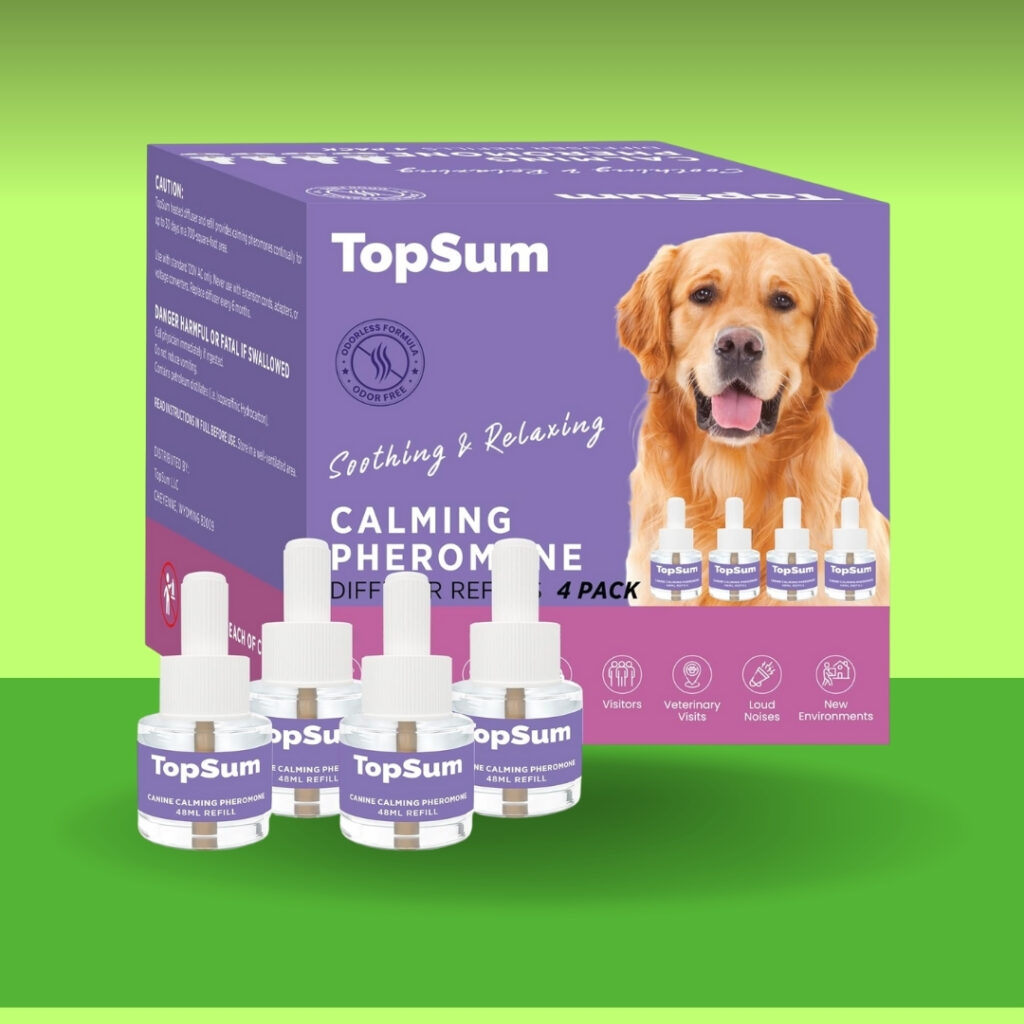 Dog calming diffuser refills with dog-appeasing pheromones placed near a cozy dog bed | HappyBarker