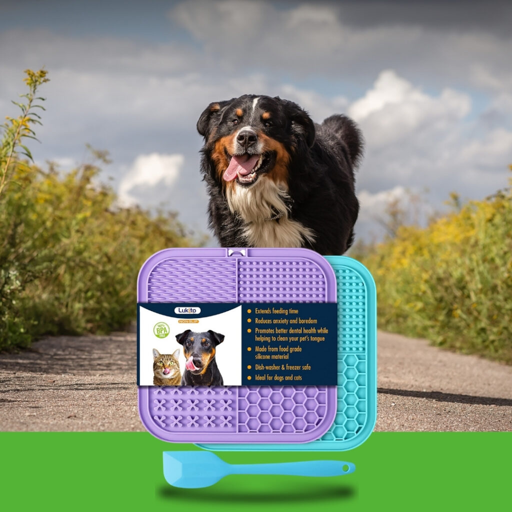 LUKITO lick mat with peanut butter spread and a happy dog licking it during bath time | HappyBarker