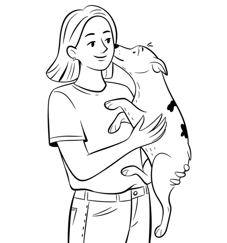 Black and white drawing of a woman smiling as her dog licks her face, expressing love and closeness.