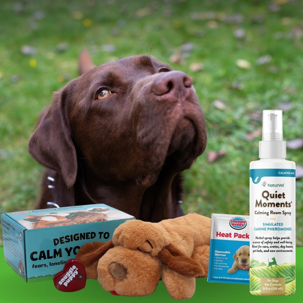 Dog resting calmly with Snuggle Puppy calming toy and NaturVet herbal spray for anxiety relief | HappyBarker