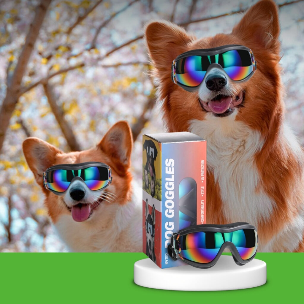 Dog wearing NVTED dog sunglasses with adjustable strap | HappyBarker