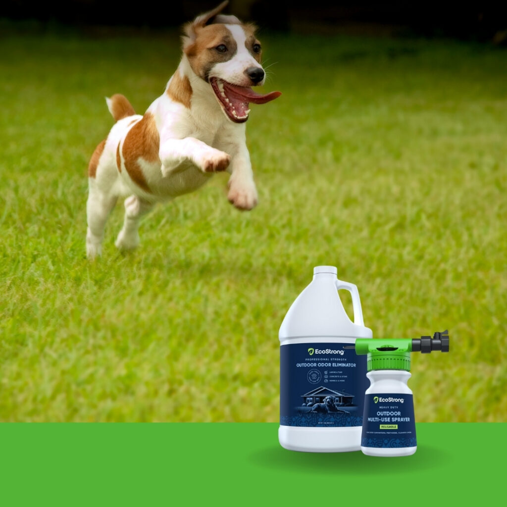 Sprayer of Eco Strong Outdoor Odor Eliminator in sunny backyard | HappyBarker