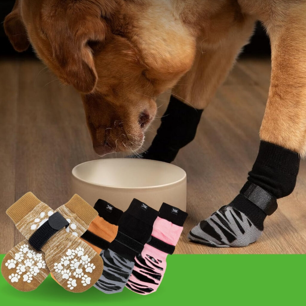 Dog wearing non-slip socks indoors to prevent paw licking and slipping | HappyBarker