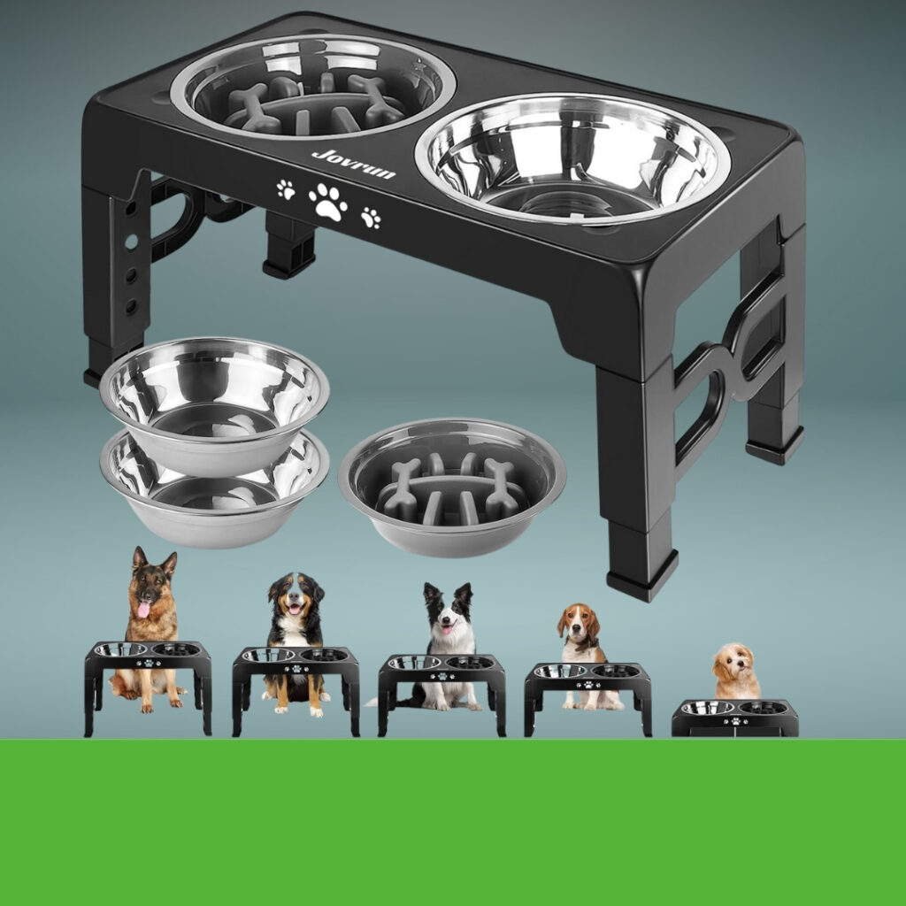 Adjustable elevated dog bowl set with stainless steel and slow feeder inserts for dogs | HappyBarker