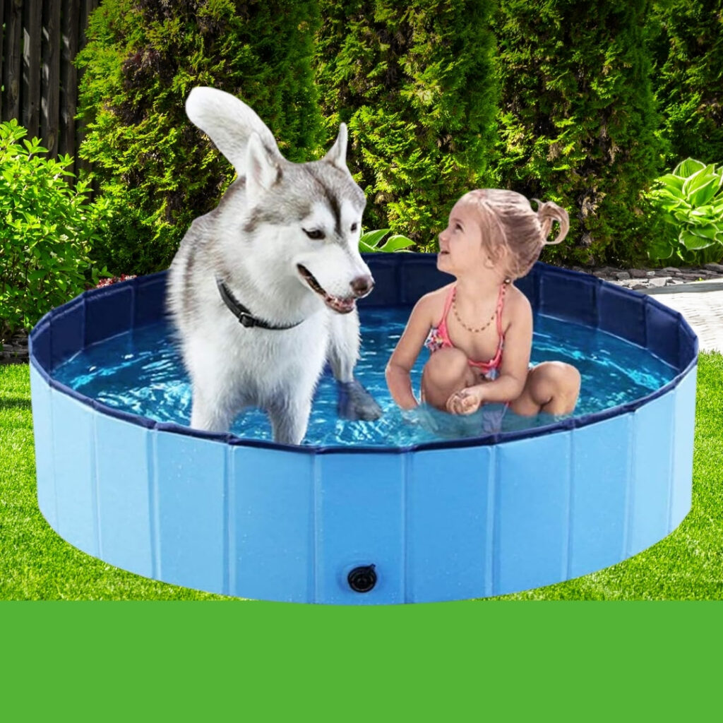A happy dog splashing in the Jasonwell Foldable Dog Pet Bath Pool | HappyBarker