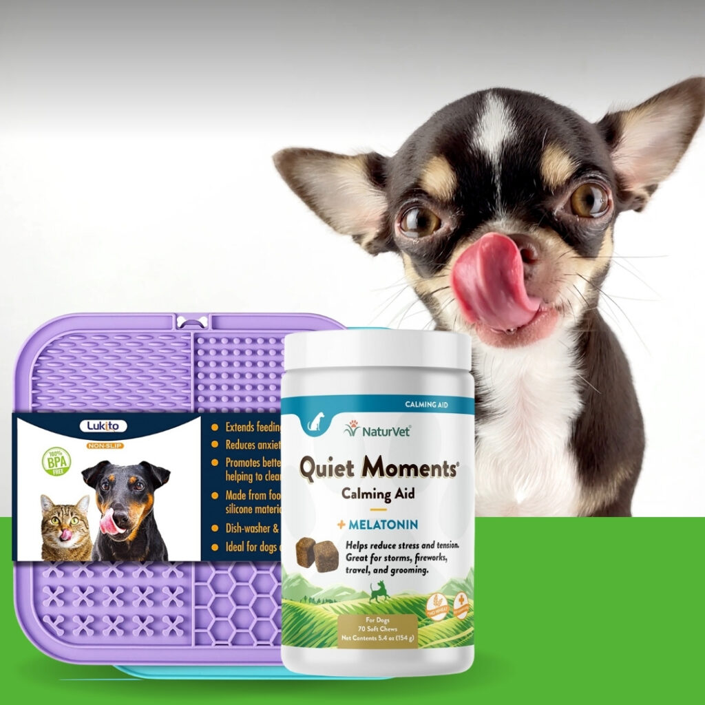 Calm and relaxed dog enjoying a lick mat and natural calming supplements | HappyBarker
