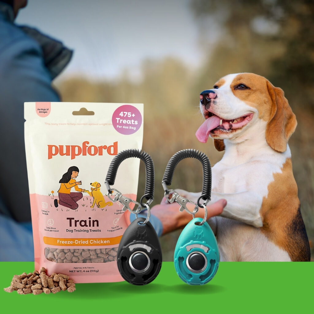 Dog training session using a clicker and freeze dried dog treats for puppy obedience training | HappyBarker