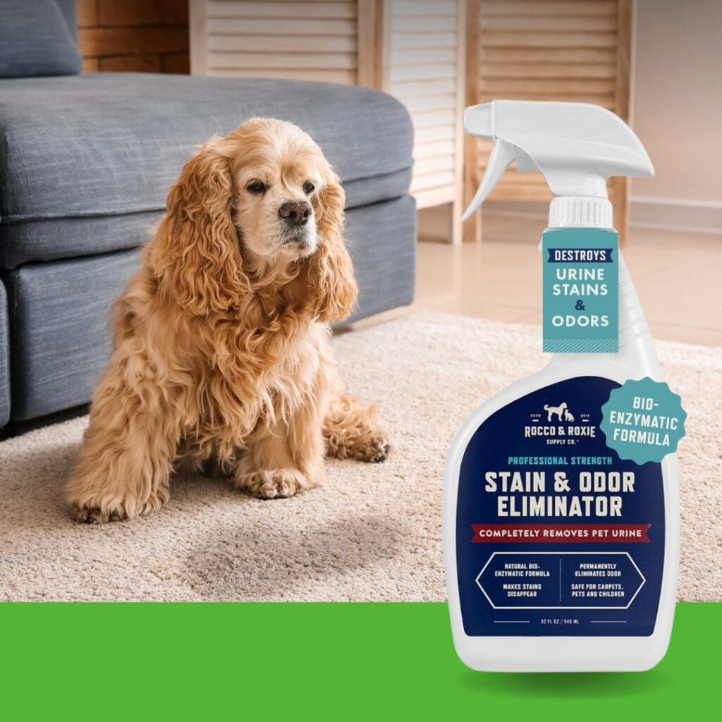 Rocco & Roxie Stain & Odor Eliminator spray bottle with clean carpet background | HappyBarker