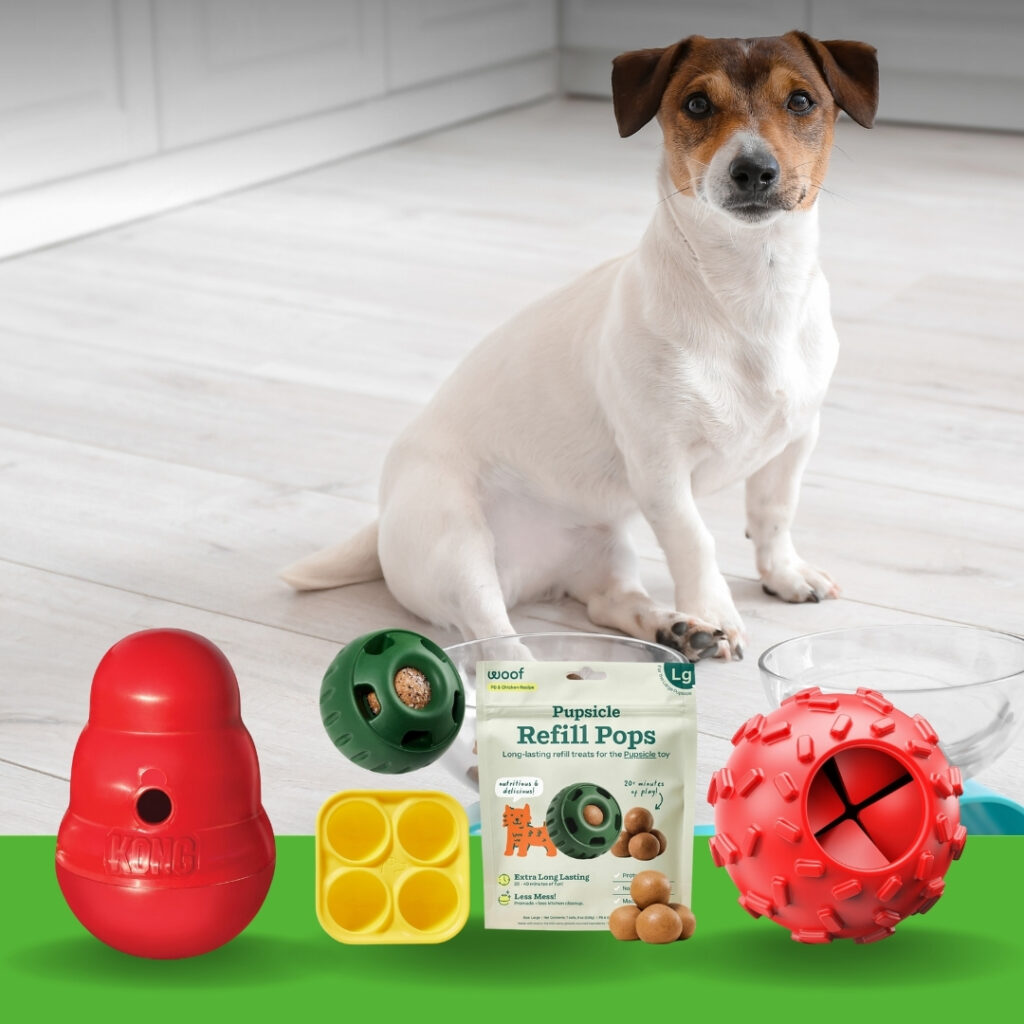 Dog playing with an interactive treat dispensing slow feeder toy | HappyBarker