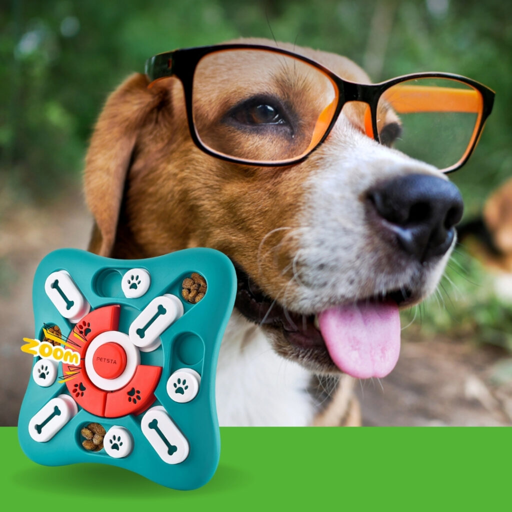 Dog wearing glasses with an interactive dog puzzle toy next to him | HappyBarker